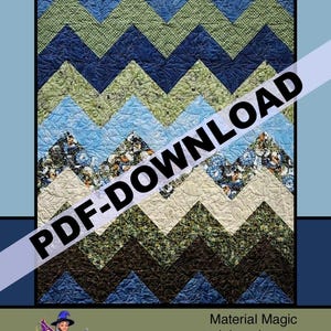 May include: A quilted textile featuring a mountain range design in shades of blue, green, and cream. The word "Mountains" is at the top, and "PDF-DOWNLOAD" is across the image. The Etsy shop Material Magic is also displayed.