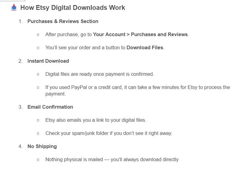 May include: A white graphic with the title "How Etsy Digital Downloads Work" and numbered steps explaining the process. The steps include purchases, instant download, email confirmation, and no shipping.