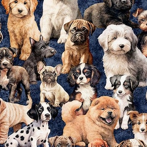 May include: A fabric pattern featuring a variety of dog breeds in a watercolor style. The dogs are in various poses and colors, including golden, black, white, and brown. The background is a dark blue with a subtle texture.