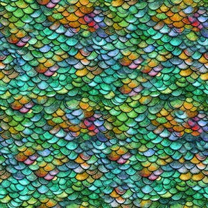 Puede incluir: Patrón sin costuras de escamas superpuestas, estilo acuarela, en tonos verdes, azules, amarillos, naranjas y rojos. Las escamas tienen un aspecto texturizado, creando un diseño vibrante y detallado. Ideal para tela, papel pintado o arte digital.