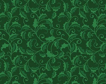 Benartex Merry Holly Forest Fabric by Peggy Collins Christmas Holly Green Tonal Quilting Cotton Fabric