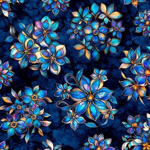 May include: A repeating pattern of stylized blue flowers with gold outlines and accents on a dark blue background. The floral design features multiple sizes of flowers with detailed petals and centers, creating a vibrant and elegant aesthetic.