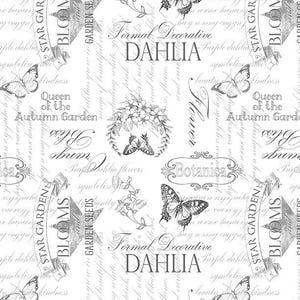 Könnte beinhalten: Ein sich wiederholendes Muster auf weißem Hintergrund mit Schmetterlingen, floralen Elementen und Schrift. Das Design enthält Banner mit "Star Garden Blooms" und dem Text "Formal Decorative Dahlia".