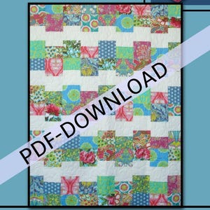 May include: A colorful quilt pattern with a patchwork design. The quilt features squares of various floral and patterned fabrics in shades of pink, blue, green, and red, separated by white strips. The text "CLOUD NINE" and "PDF-DOWNLOAD" are visible.