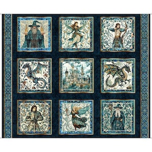 May include: A fabric panel featuring nine square images with fantasy themes. The images include a wizard, a fairy, a person with a bow and arrow, a dragon, a castle, and a knight. The background is dark blue with a decorative border.