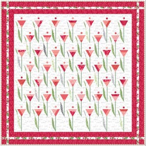 May include: A floral quilt featuring a repeating pattern of stylized red and pink tulip-like flowers with green stems and leaves on a white background. The quilt has a red border with a small floral pattern.