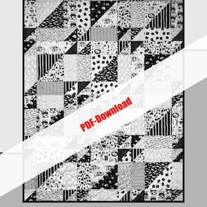 May include: A black and white quilt pattern titled "Salt 'n' Pepper" with a variety of geometric shapes and patterns. The design includes triangles, stripes, and dotted patterns. The text "PDF-Download" is overlaid on the image. The designer is Heidi Cook for Villa Rosa Designs.