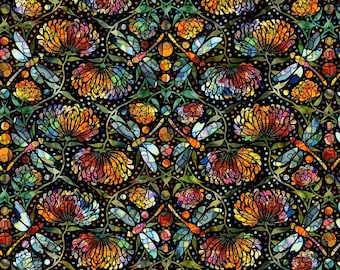 In The Beginning Fabrics Dear Clara Dragonfly by Jason Yenter ブラックフローラルキルティングコットン