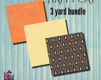 Happy Cat 3 Yard Fabric Bundle – Cat Quilting Cotton – Black Cat Print with Orange and Yellow – Quilt Fabric Set