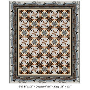 May include: A quilt titled "Origins - Shooting Star Quilt" with a star pattern in shades of brown, beige, and blue. The quilt measures 84" x 108" (Full), 96" x 96" (Queen), and 108" x 108" (King). The design is by Jamie Kalvestran.