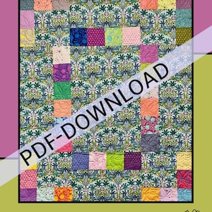 May include: A quilt pattern titled "Chaotic Bliss" with a floral design and colorful patchwork squares. The words "PDF-DOWNLOAD" are across the quilt. The designer is Molly Cook for Villa Rosa Designs.