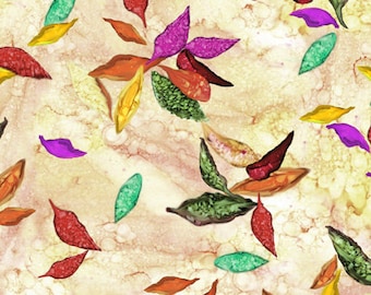 May include: Abstract watercolor pattern featuring colorful leaves in shades of green, purple, red, orange, and yellow on a cream background.