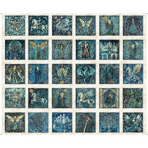 May include: A fabric panel with 25 square illustrations depicting fantasy scenes. Each square contains a unique image, such as dragons, fairies, castles, and wizards, in blue and gold tones. The design has a vintage aesthetic, reminiscent of classic artwork.