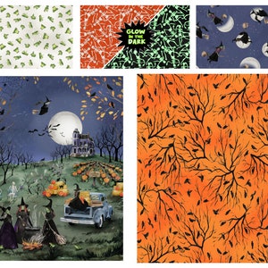 May include: A Halloween-themed fabric collection with a variety of patterns, including a spooky house, witches, bats, and crows. The fabric is printed with a glow-in-the-dark effect.