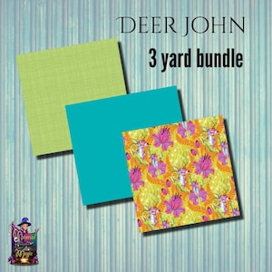 May include: A fabric bundle featuring three square pieces of fabric. One is solid teal, another is solid green, and the third is patterned with deer, flowers, and foliage on a yellow background. Text reads "DEER JOHN 3 yard bundle."