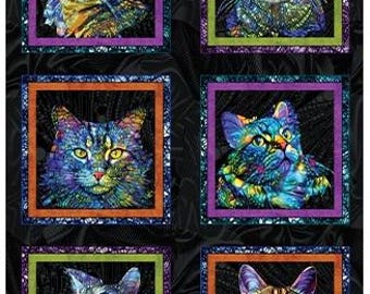 Cat Artistry Quilt Panel Black Multi Peggy Collins Benartex Fabric (#12)