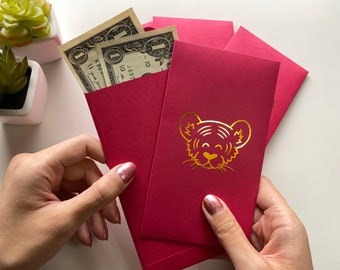 Lunar New Year Red Envelopes (5 pack), Year of the Tiger, Chinese New Year, Tet, Hong Bao, Lai See