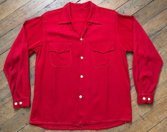 vintage 1950s red rayon long sleeve shirt