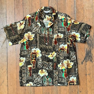 vintage 1960s rayon Tiki Hawaiian shirt