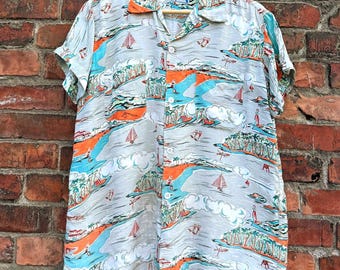 20% OFF SALE // vintage 1950s novelty beach rayon Hawaiian shirt - loop collar