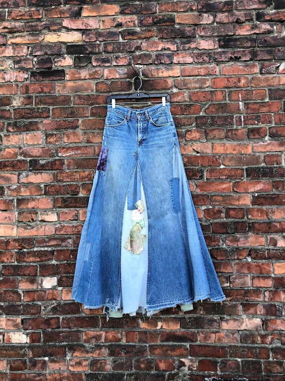 20% OFF SALE // Vintage 1970s LEVIS Patchwork Denim Skirt W 28 - Etsy