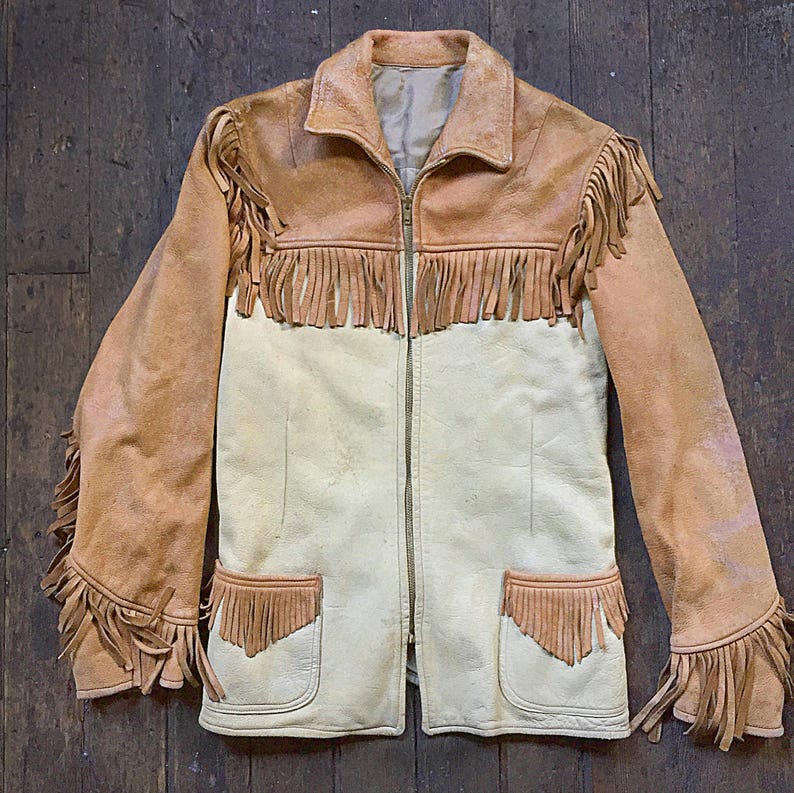 Rare Vintage 1940s Womans Fringe Tassel Half Belt Fan Bi Swing Back Two Tone Buckskin Jacket