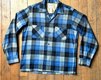 20% OFF SALE // vintage 1950s blue plaid wool long sleeve shirt
