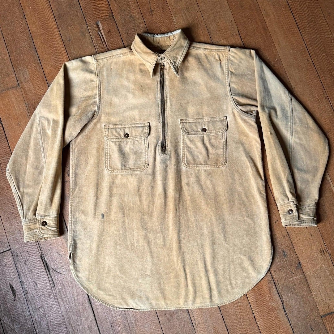 Vintage 1930s Quarter Zip Pullover Moleskin Work Shirt 