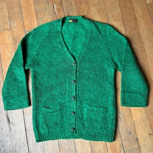 vintage 1960s green shaggy wool cardigan