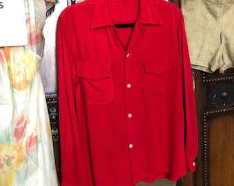 vintage 1950s red rayon long sleeve shirt