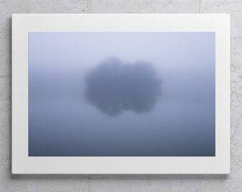 FINE ART PHOTOGRAPHIC print of a lake in the early morning fog with a small island and it's reflection in the water- home decor, wall art
