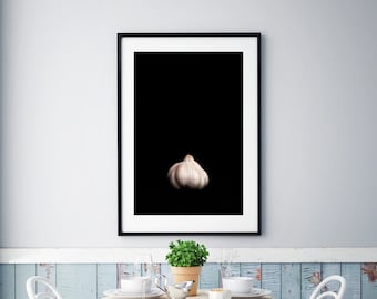 FINE ART PHOTOGRAPHIC print of Garlic on Black Kitchen Art home decor food metal print acrylic print wall decor minimalism large art dining