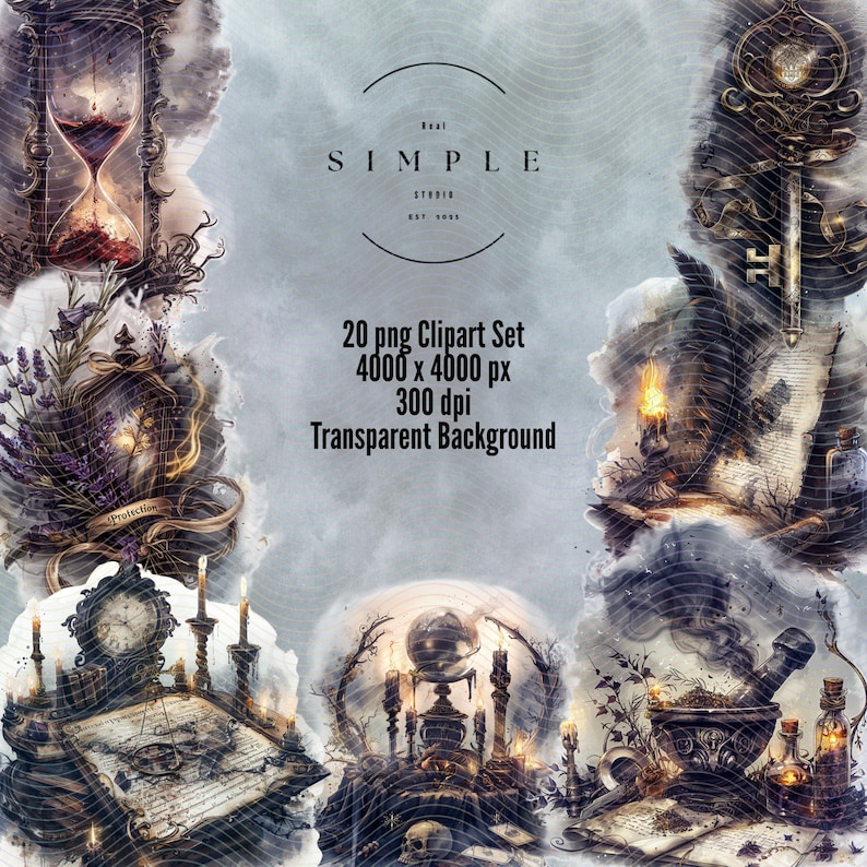 Mystical tarot and divination clip art set collage