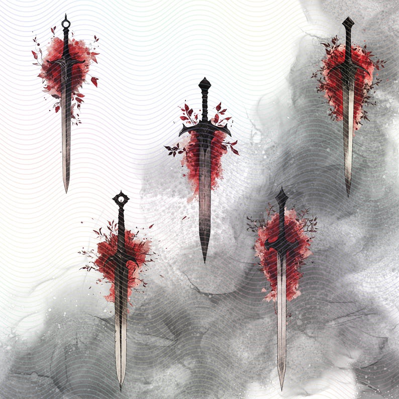 Five black swords with silver blades are depicted in a watercolor style with red watercolor splatters and red leaf accents.