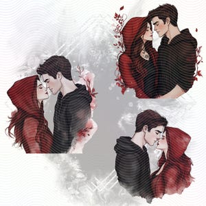 Four illustrations of couples in love. Each illustration features a man and a woman in a red hooded cloak. The illustrations are set against a white background with a wavy pattern.