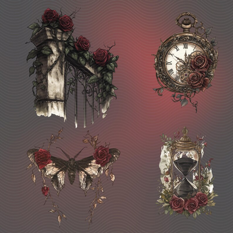 Gothic stone fence with wrought iron, red roses and greenery details.  Gothic pocket watch with red roses and greenery accents, gothic death moth with vines and red roses.  Gothic hourglass with red roses black sand and greenery accents.