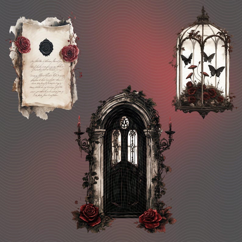 Gothic antique letter with script writing and red rose accents, black butterflies in terrarium with red roses and mushrooms and black gothic stone door with red rose accents.