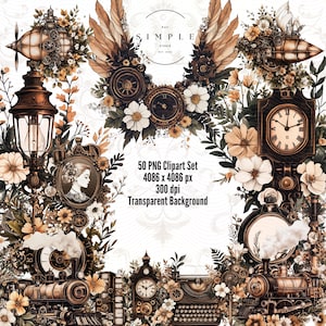 Victoriaanse steampunk-clipartbundel | 50 aquarel-png's met messing tandwielen, uurwerk en bloemenelementen – digitale planner en plakboekkunst