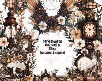 Victoriaanse steampunk clipart: bundel met messing tandwielen en bloemen in PNG-formaat (digitale download)