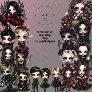 May include: A set of 50 digital clipart images featuring gothic-style characters with dark hair, red lips, and intricate details. The characters are dressed in black and red clothing and have a whimsical, fairytale-like aesthetic. The images are 3056 x 4086 pixels and have a transparent background.