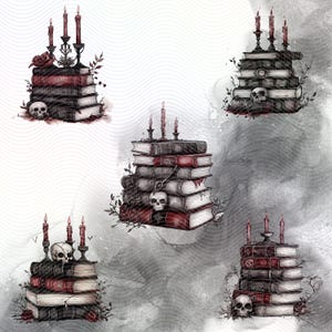 Four stacks of books with candles and skulls on top. The books are red, black, and white with a watercolor effect. The candles are red and the skulls are white. The background is a white and gray watercolor effect.