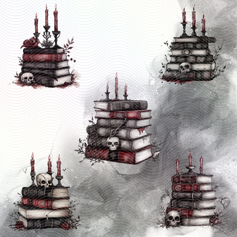 Four stacks of books with candles and skulls on top. The books are red, black, and white with a watercolor effect. The candles are red and the skulls are white. The background is a white and gray watercolor effect.