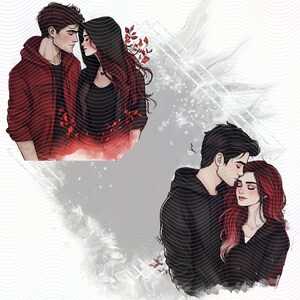 Two illustrations of couples embracing. The first illustration shows a couple in red and black clothing with red leaves in the background. The second illustration shows a couple in black clothing with red hair and a white background.