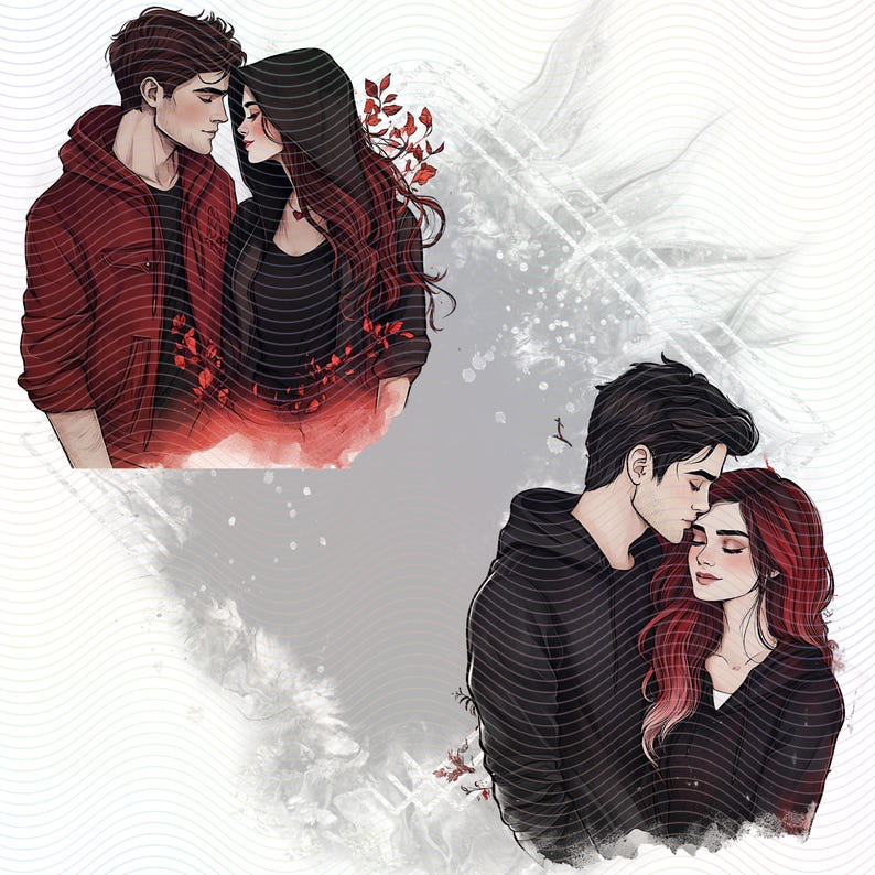 Two illustrations of couples embracing. The first illustration shows a couple in red and black clothing with red leaves in the background. The second illustration shows a couple in black clothing with red hair and a white background.