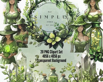 Green Witch Clipart Bundle: Botanicals, Potions, Crystals - 20 PNGs