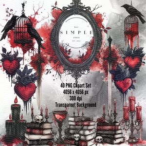 A set of 40 PNG clipart images with a gothic theme. The images include a black ornate mirror, a black birdcage, a black sword, a red heart, a black skull, a stack of books, a wine glass, and a black candle. The text on the image reads: '40 PNG Clipart Set 4056 x 4056 px 300 dpi Transparent Background'.