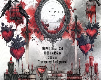 Gothic Clip Art Bundle: Dripping Candles, Hearts, Ravens (40 PNGs) Digital Download
