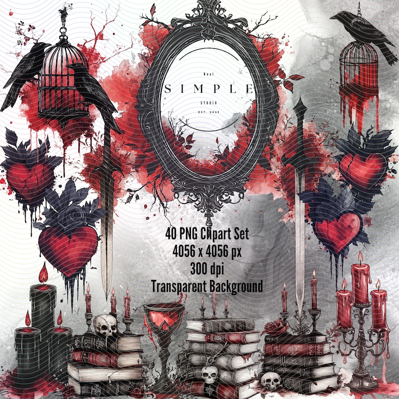 A set of 40 PNG clipart images with a gothic theme. The images include a black ornate mirror, a black birdcage, a black sword, a red heart, a black skull, a stack of books, a wine glass, and a black candle. The text on the image reads: '40 PNG Clipart Set 4056 x 4056 px 300 dpi Transparent Background'.