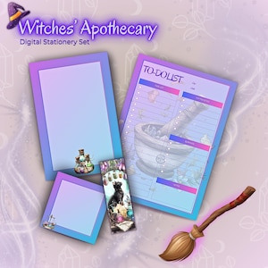 Könnte beinhalten: Digitales Schreibwarenset mit Hexen-Thema. Enthält eine To-Do-Liste, einen Notizblock, einen Haftzettel und ein Lesezeichen. Das Set zeigt eine schwarze Katze, Zaubertränke und einen Besen. Das Farbschema ist lila, blau und rosa.