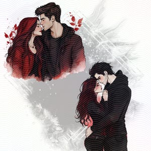 Two illustrations of couples embracing and looking at each other. The first illustration is of a couple in a red and black color scheme, the second illustration is of a couple in a black and white color scheme.
